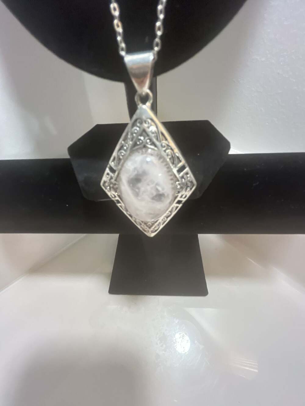 Art Deco Style Filigree Silver Tone Statement Necklace with Oval Cabochon Stone